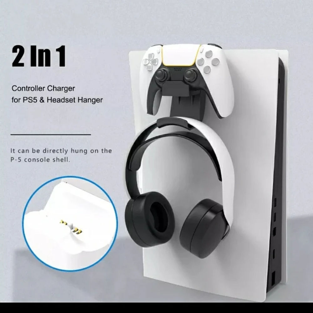 2 in 1 PS5 Controller Charger with Headphone Holder Smart Charging Dock for PS5